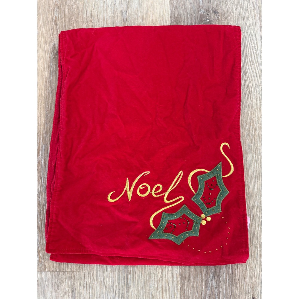 Christmas Red Velvet Noel Embroidered Beaded Holly Table Runner 13x67 Holiday